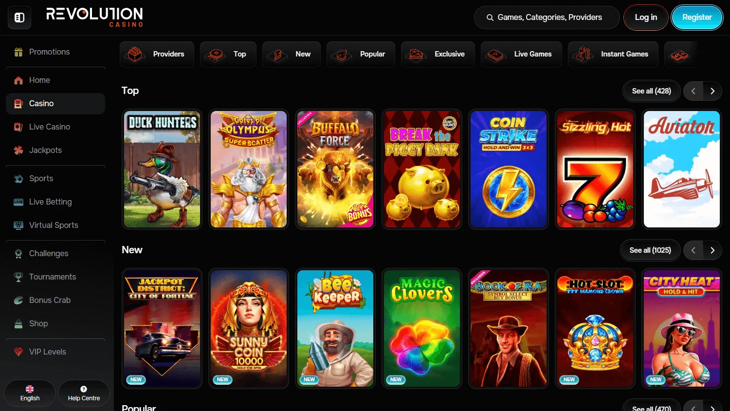 Revolution Casino games screen on desktop