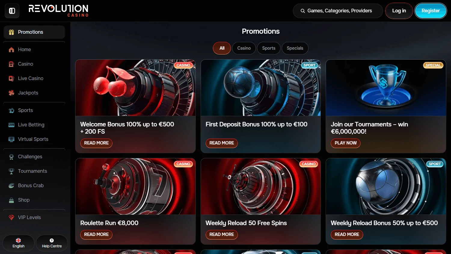 Revolution Casino promotions screen on desktop