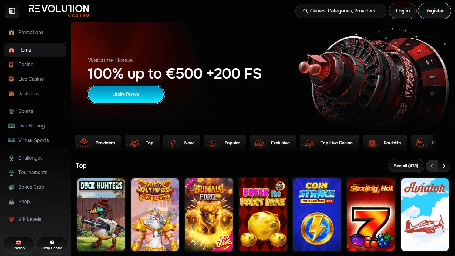 Revolution Casino home screen on desktop