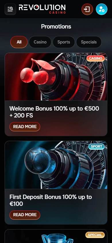Revolution Casino promotions screen on mobile