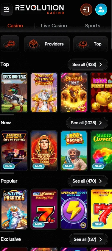 Revolution Casino games screen on mobile