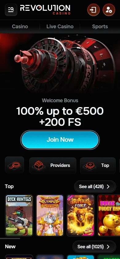 Revolution Casino home screen on mobile